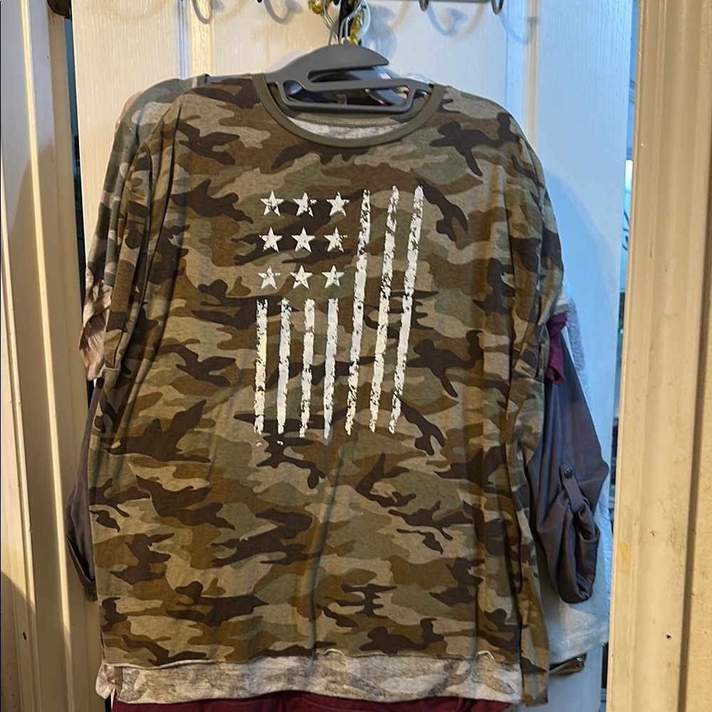 Green and Brown Camo Short Sleeve Tee with Vintage Flag Design